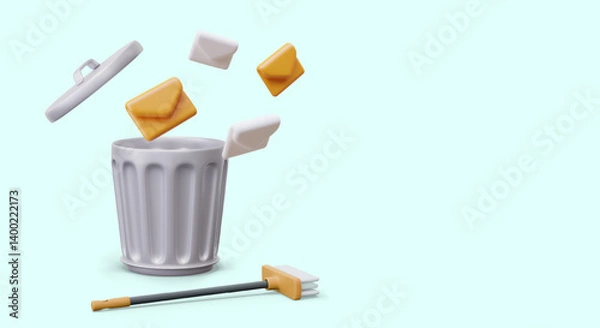 Obraz Metal dustbin, envelopes of different colors, brush for sweeping. Concept of removing spam, junk mail. Cleaning mailbox. Vector composition on blue background