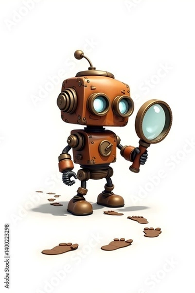 Fototapeta A diminutive, metallic robot with a copper-toned body, adorned with intricate gears and tiny rivets, holds a large, antique-style magnifying glass in its right mechanical arm, peering intently at the 