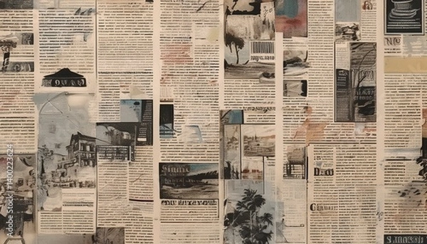 Obraz Echoes of History: A meticulously arranged tapestry of vintage newspaper clippings, whispers tales of yesteryear, evoking nostalgia. This layered artwork tells a story of time. 