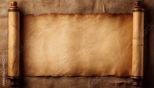 Obraz Ancient Scroll: An aged parchment scroll, unfurled and ready, presents an evocative blank canvas for history, knowledge, or secrets. This timeless piece conveys antiquity, history.