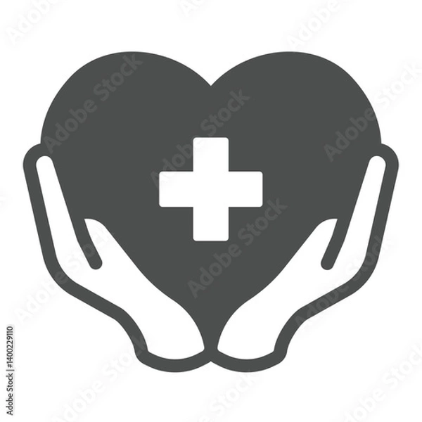 Fototapeta Heart and medical cross in hands solid icon, charity concept. Vector graphics. Hands with heart shape, likeness sign on white background, glyph style icon for mobile or web design.