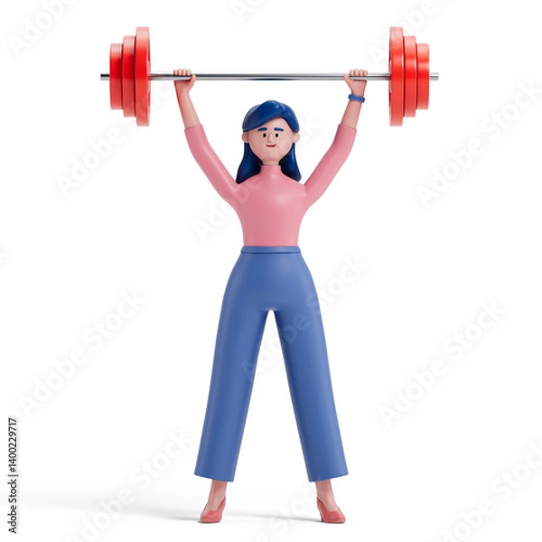 Obraz A woman lifts a heavy barbell, symbolizing strength and determination. 3D rendering, conceptual image. Isolated on white background.