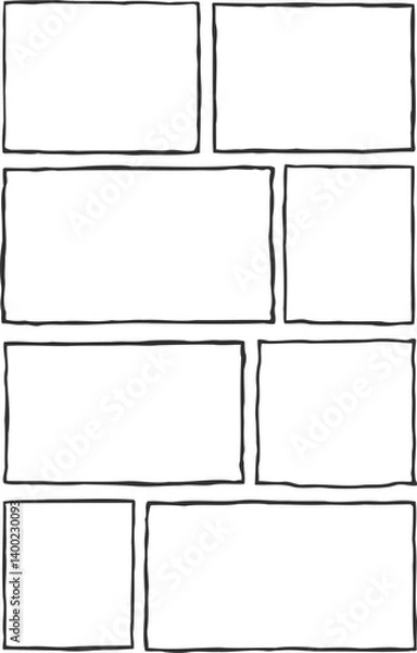 Obraz Hand-drawn comic panel grid featuring eight rectangular frames with irregular outlines. Simple black-and-white layout, clean template for sequential storytelling, organized yet organic arrangement.
