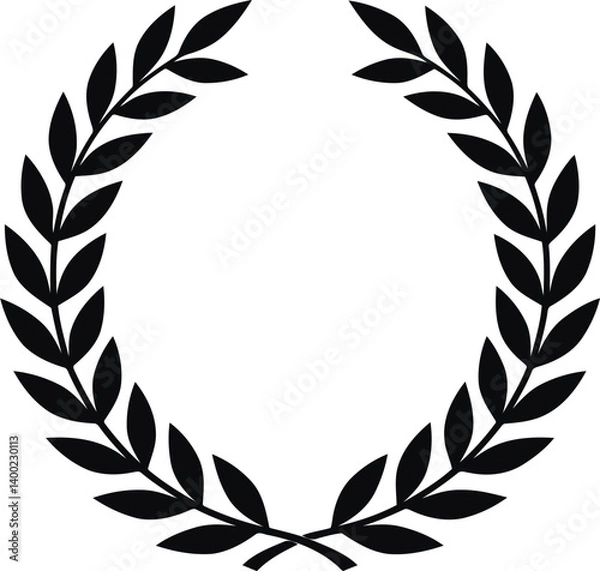 Fototapeta Isolated elegant black laurel wreath silhouette, circular frame with symmetrical olive branches. Classic symbol of victory and achievement in sports and academy with timeless minimalist design.
