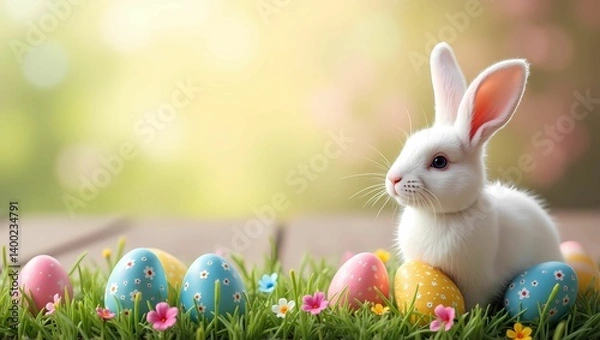 Fototapeta Cute white bunny sits on green grass with colorful Easter eggs and flowers. Soft light and bokeh background. Ideal for spring, Easter, kids, and celebration themes