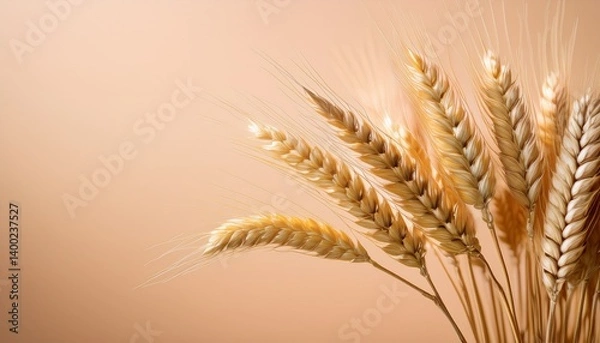 Obraz Golden Wheat Whispers: An artful composition of golden wheat ears, softly lit and elegantly arranged, showcasing nature's bounty and the beauty of the harvest. 
