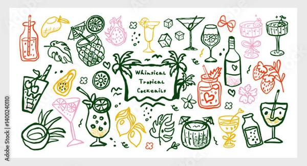 Fototapeta Whimsical Tropical Cocktails hand drawn vector set line art chalk and charcoal with summer drinks, fruits and cute doodles. Vibrant and fun collection for stickers, cards, prints, and design.