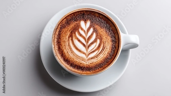Fototapeta Maroon mug of hot beverage with leaf foam art on clean gray surface in soft diffuse light from top view angle for minimalist drink stock presentation
