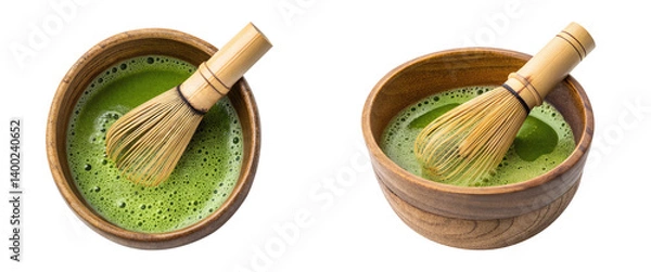 Obraz Matcha green tea making process in a wooden bowl with bamboo whisk on transparent background png Top view, Side view