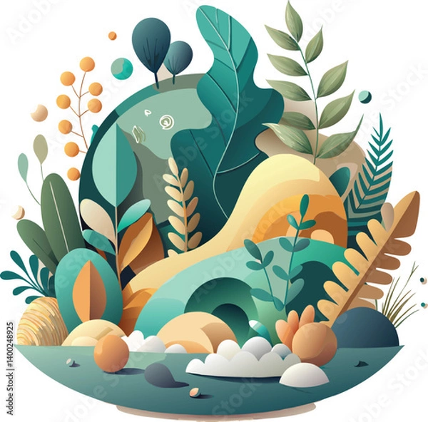 Fototapeta Serene Nature-Inspired 3D Vector Artwork with Organic Shapes and Botanical Illustrations
