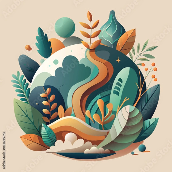 Fototapeta Serene Nature-Inspired 3D Vector Artwork with Organic Shapes and Botanical Illustrations