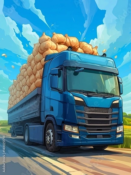 Obraz "Highway Scene with Garlic-Filled Truck – Hyperreal Shot for Agricultural and Editorial Use"