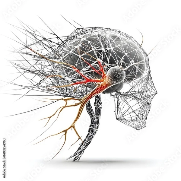 Fototapeta 3D Wireframe Brain and Skull with Nerve Highlight. Neurology Concept Isolated on White Background

