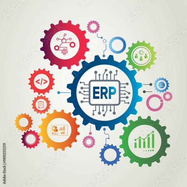 Obraz ERP System Integration Icon with Colorful Gears – Business Process Automation and Data Management Concept