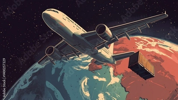 Obraz Global logistics by air with a container airplane on background earth concept