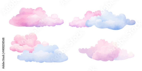 Obraz Set of watercolor clouds in pink and blue. Delicate children design for wallpaper, fabric, textile and wrapping. Dreamy and airy style for cards, childrens things and holidays