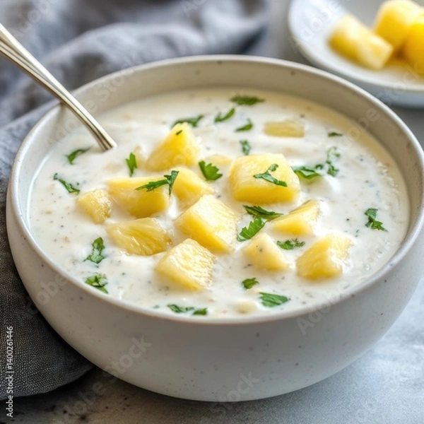 Fototapeta Creamy pineapple soup delight in a bowl with fresh parsley garnish a culinary masterpiece vibrant presentation and smooth texture