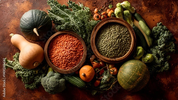Fototapeta Overhead shot of various vegetables and lentils in wooden bowls, showcasing a healthy and nutritious concept ideal for food blogs or cooking websites