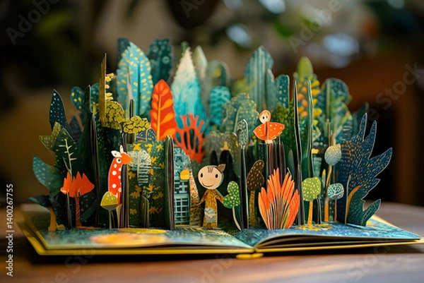 Fototapeta Open book with a pop up forest and paper figures