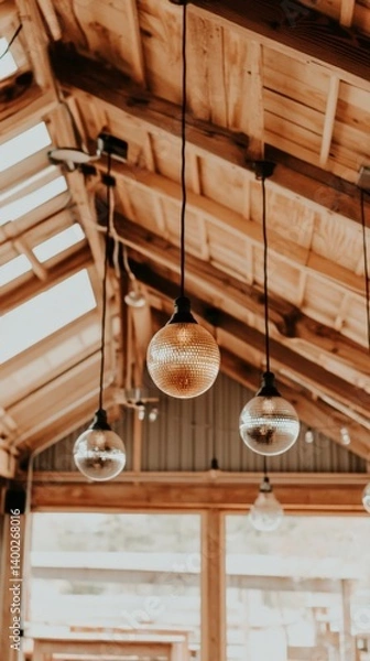 Fototapeta Rustic wooden ceiling with hanging vintage bulb lights in cozy interior