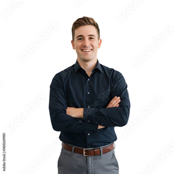 Obraz Modern businessman wearing a dark blue shirt standing with his arms crossed, PNG format