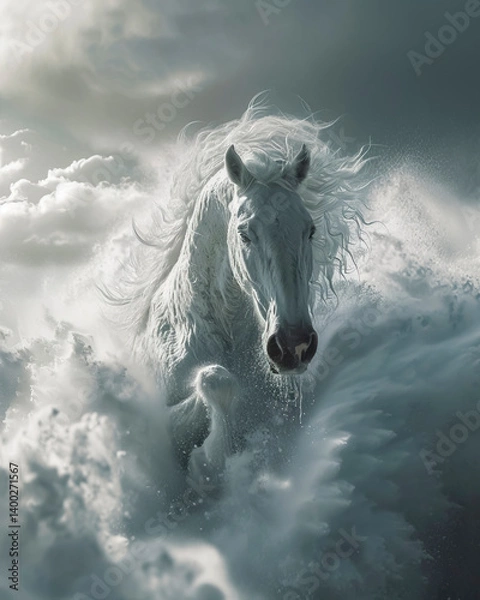 Fototapeta Majestic White Horse Amidst Snowy Mountain Peaks and Clouds