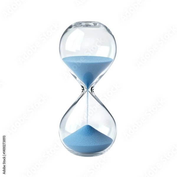 Fototapeta Elegant blue sand hourglass displayed upright with flowing sand showcasing the passage of time isolated on transparent background, cutout png
