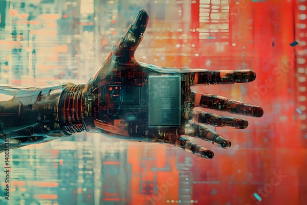 Obraz Robotic hand with chip against blurred background