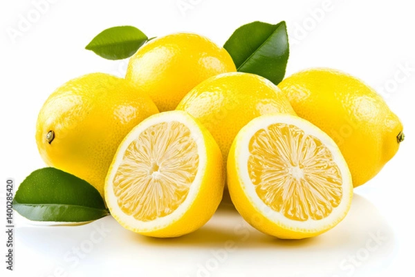 Obraz A group of lemons with leaves on a white surface