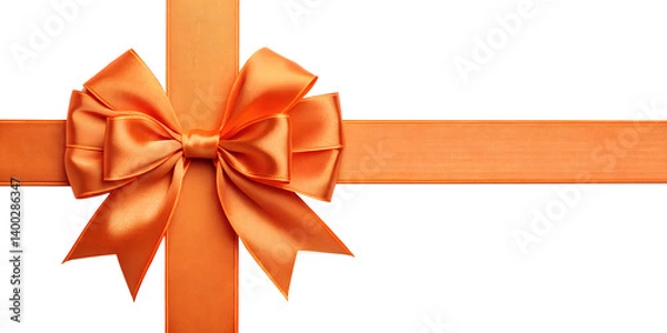 Fototapeta Large orange bow on the left side of a straight ribbon, isolated on a transparent background - ideal for banners or frames for Easter, Christmas, birthdays, gifts, Valentine's Day