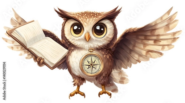 Fototapeta Wise Owl with Book and Compass: Embark on an Adventure of Knowledge