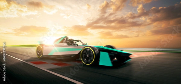 Obraz Driver pass the finishing point and Race car racing on a track with motion blur. 3D Rendering.