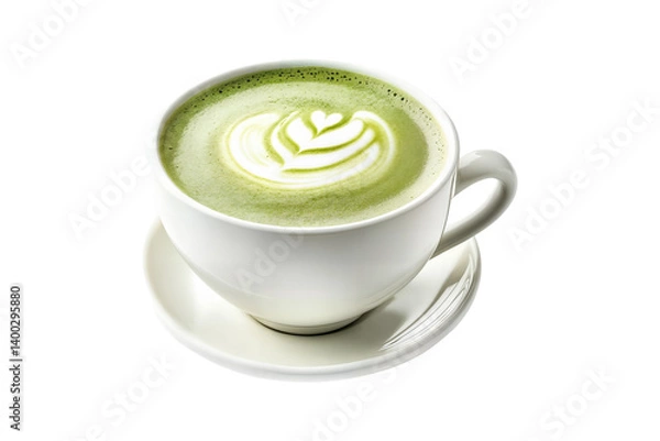 Obraz Hot matcha green tea latte with milk foam art in white ceramic cup and saucer isolated on transparent background