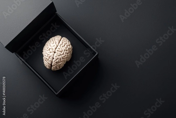 Fototapeta A realistic brain model is displayed inside a black box, set against a dark surface, symbolizing thought, intelligence, or creativity.