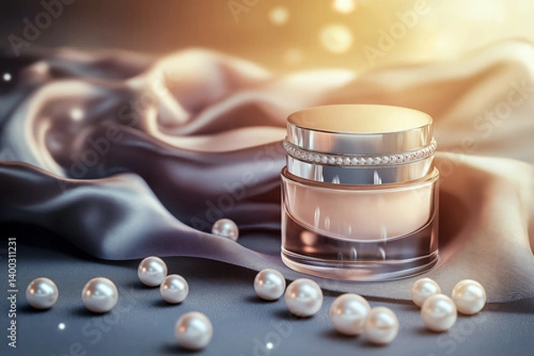 Fototapeta An elegant still life composition of a face cream jar next to scattered pearls and a silk scarf, luxury cosmetics concept.