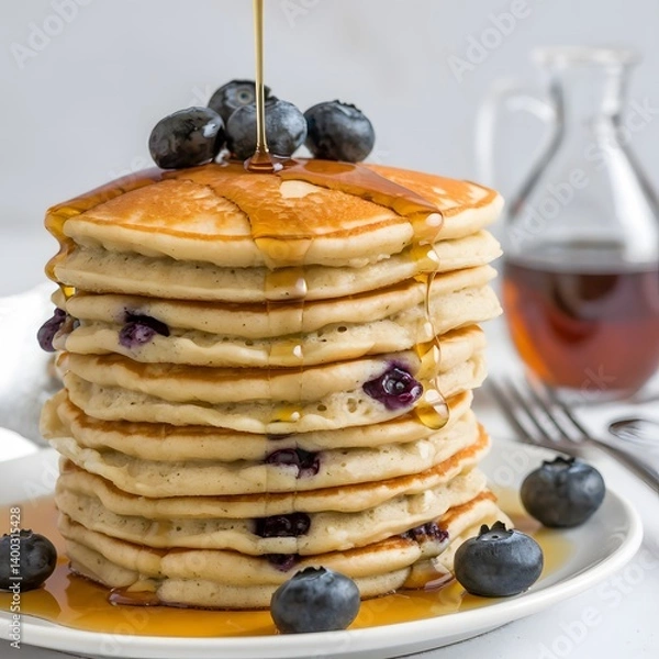 Fototapeta Close-up of a stack of warm, fluffy pancakes covered with maple syrup, isolated against white – pancakes wallpaper – bakery wallpaper – breakfast wallpaper – pancakes image

