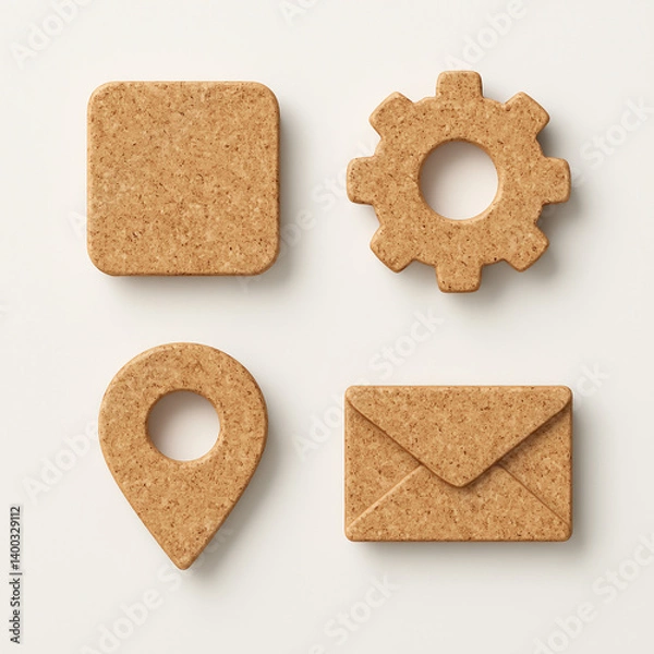 Fototapeta "Minimal 3D Cork Texture Icon Set with Eco-Friendly Vibes | Warm Natural Surface Details and Soft Shadows on Clean Monotone Background | 8K Ultra HD"