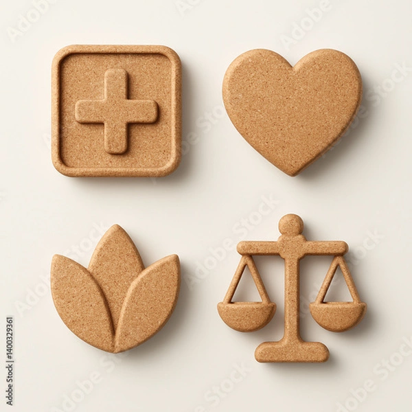 Obraz "Minimal 3D Cork Texture Icon Set with Eco-Friendly Vibes | Warm Natural Surface Details and Soft Shadows on Clean Monotone Background | 8K Ultra HD"