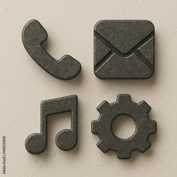 Obraz "Premium Minimal 3D Icon Set with Granite Texture | Rich Stone Details and Soft Shadows on Clean Monotone Background | 8K Ultra HD"