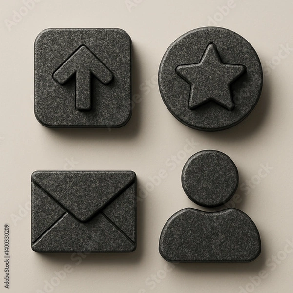 Obraz "Premium Minimal 3D Icon Set with Granite Texture | Rich Stone Details and Soft Shadows on Clean Monotone Background | 8K Ultra HD"