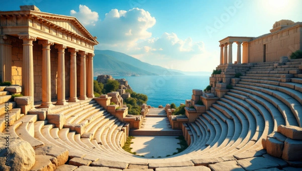 Obraz The ruins of an ancient Greek theater with blue Mediterranean sea in background