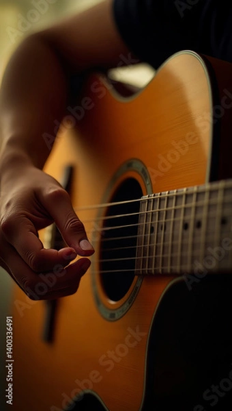 Obraz Guitarist hands playing an acoustic guitar, artistic expressive image