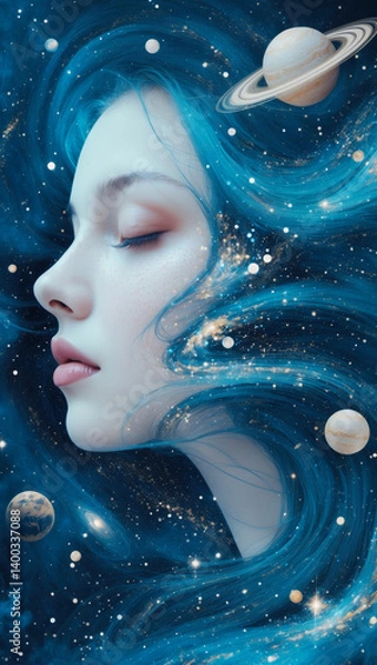 Obraz Surreal composition featuring a dreaming young woman surrounded by stars, planets and galaxies. Dream and meditation concept.
