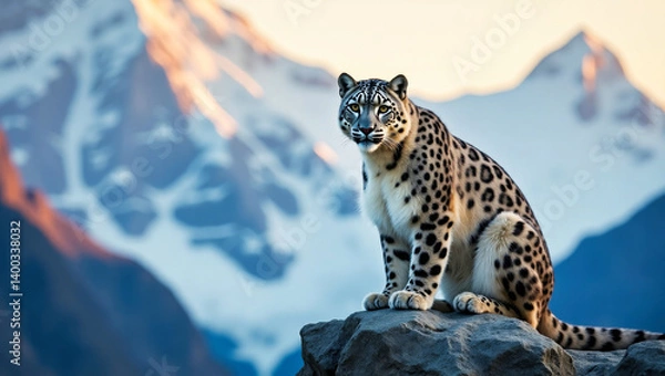 Obraz A wildlife image featuring a magnificent snow leopard perched on a rocky outcrop