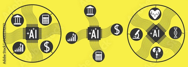 Obraz Set of illustrations about artificial intelligence, use of artificial intelligence in the sphere of business and medicine