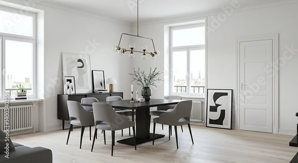 Fototapeta Monochromatic Minimalism: A Modern Dining Space AI Generated