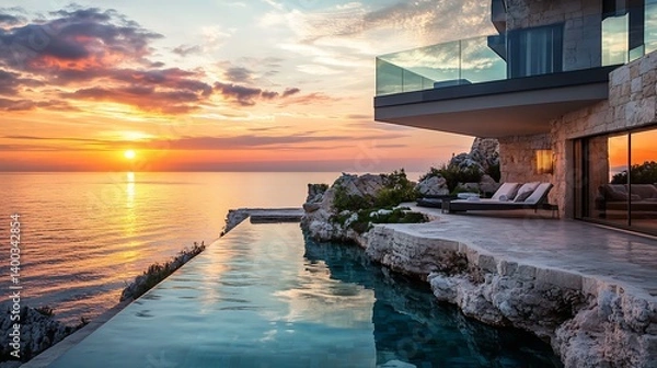 Fototapeta Stunning contemporary villa overlooking calm ocean at sunset with vibrant clouds reflecting on water, inviting resort atmosphere with infinity pool and relaxing ambience