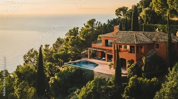 Fototapeta A stunning hillside villa surrounded by lush greenery and cypress trees overlooking the tranquil sea at sunset, featuring a swimming pool and warm earthy tones in the architecture