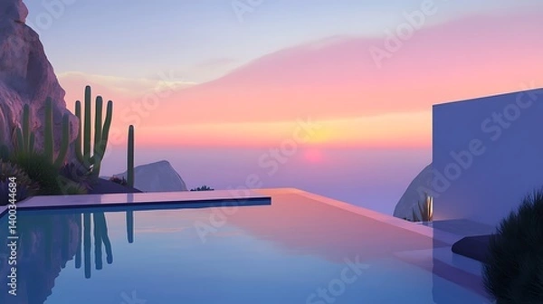 Fototapeta Stunning infinity pool overlooking a serene sunset, surrounded by sleek modern architecture and lush cacti, with vibrant colors reflecting off the calm water, evoking tranquility and luxury