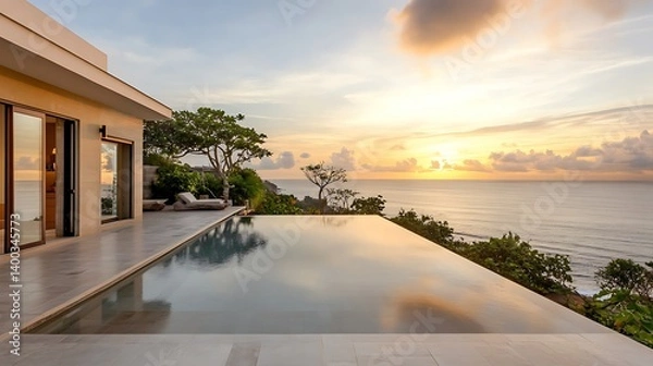Fototapeta A stunning infinity pool overlooking the ocean at sunset, surrounded by lush greenery and modern architecture, creating a tranquil and luxurious atmosphere